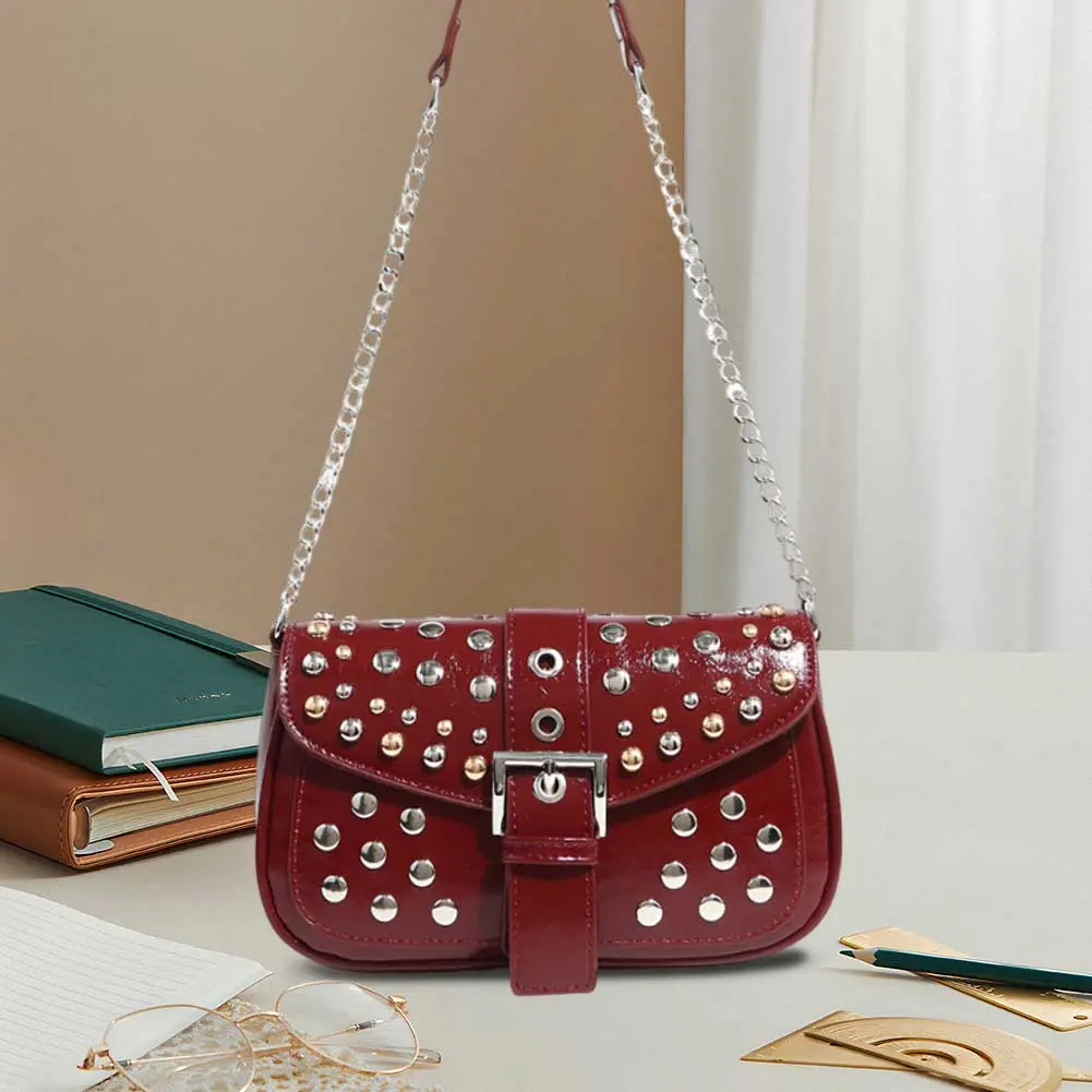 Women Metal Stud Y2k Shoulder Bag with Chain Belt Buckle Handbag PU Leather Retro Crossbody Bag Work Date Travel Bag