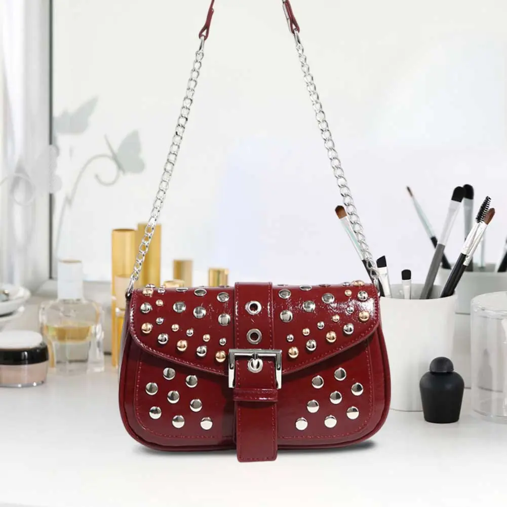 Women Metal Stud Y2k Shoulder Bag with Chain Belt Buckle Handbag PU Leather Retro Crossbody Bag Work Date Travel Bag
