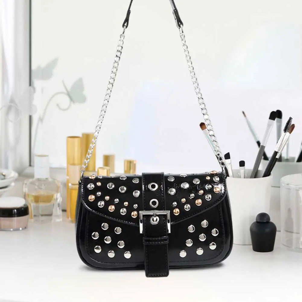 Women Metal Stud Y2k Shoulder Bag with Chain Belt Buckle Handbag PU Leather Retro Crossbody Bag Work Date Travel Bag