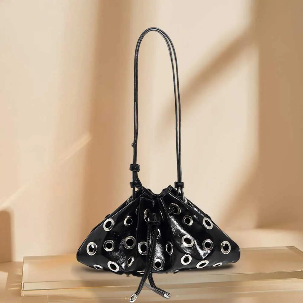 Women Rivet Bucket Handbag Large Capacity Metal Stud Y2k Shoulder Bag PU Leather Retro Hollow Handbag Work Date Travel Bag