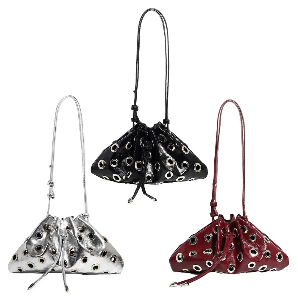 Women Rivet Bucket Handbag Large Capacity Metal Stud Y2k Shoulder Bag PU Leather Retro Hollow Handbag Work Date Travel Bag