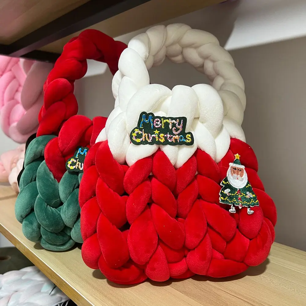 Women Handmade Purse Icelandic Wool Chunky Knit Bag Hollow Out Soft Contrast Color with Short Handle Ladies Christmas Santa Bag