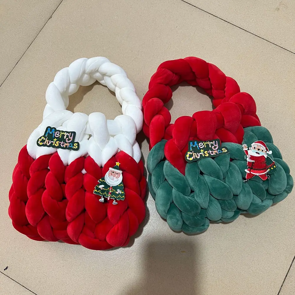 Women Handmade Purse Icelandic Wool Chunky Knit Bag Hollow Out Soft Contrast Color with Short Handle Ladies Christmas Santa Bag