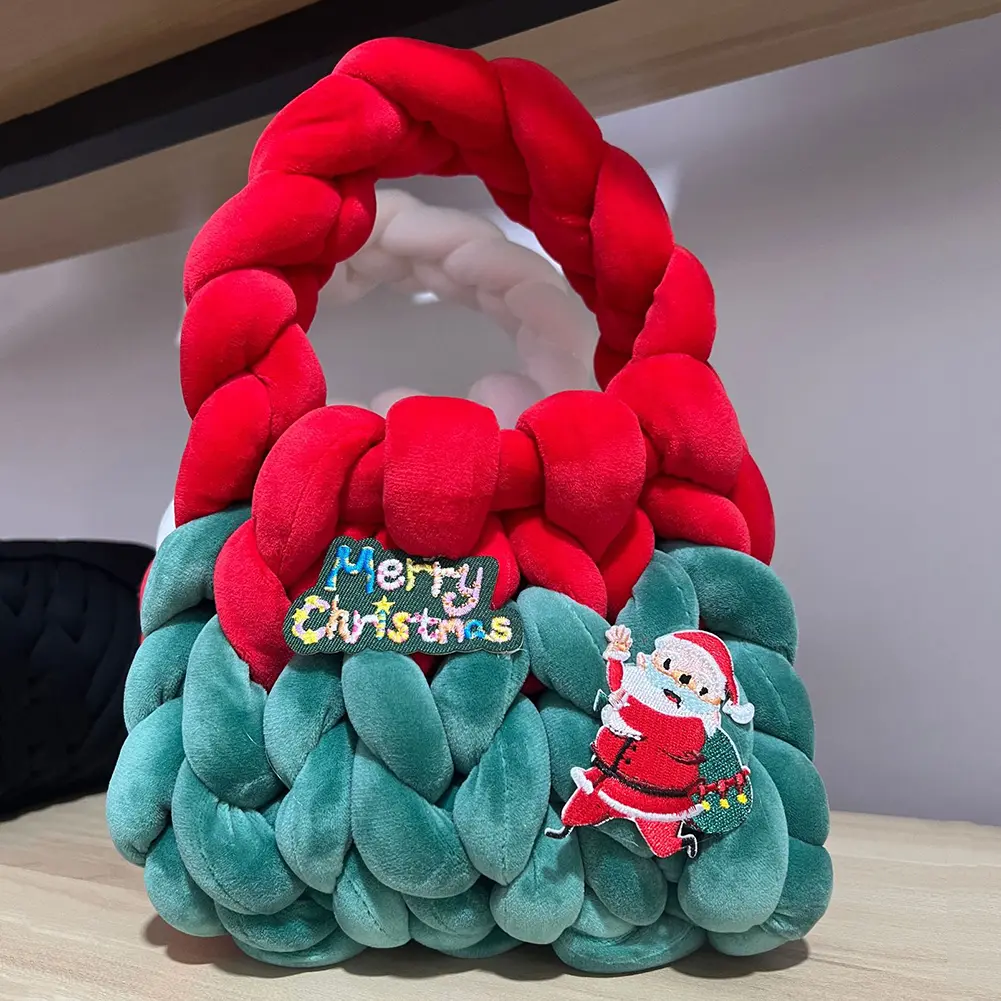 Women Handmade Purse Icelandic Wool Chunky Knit Bag Hollow Out Soft Contrast Color with Short Handle Ladies Christmas Santa Bag