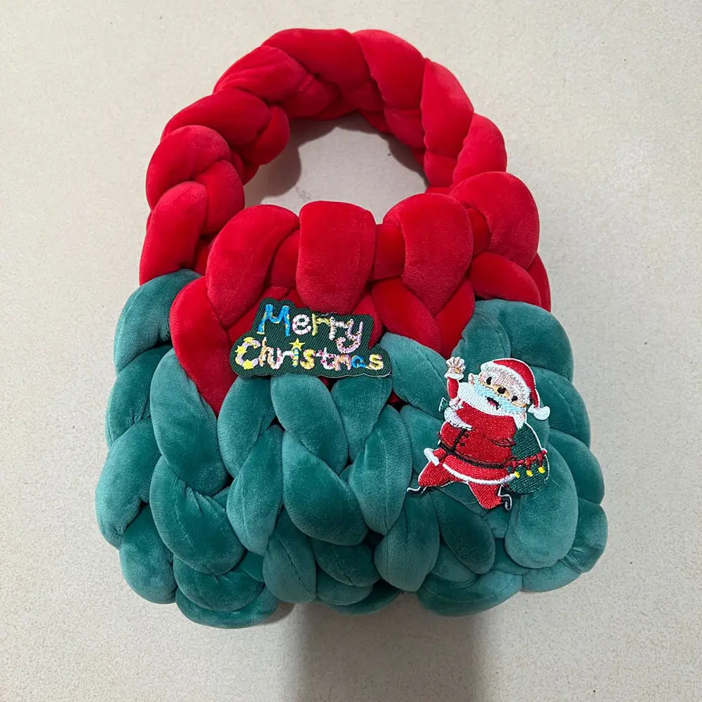 Women Handmade Purse Icelandic Wool Chunky Knit Bag Hollow Out Soft Contrast Color with Short Handle Ladies Christmas Santa Bag