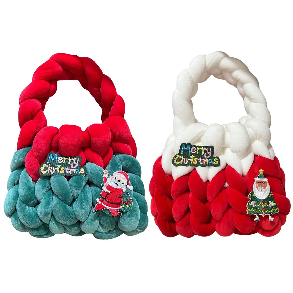 Women Handmade Purse Icelandic Wool Chunky Knit Bag Hollow Out Soft Contrast Color with Short Handle Ladies Christmas Santa Bag