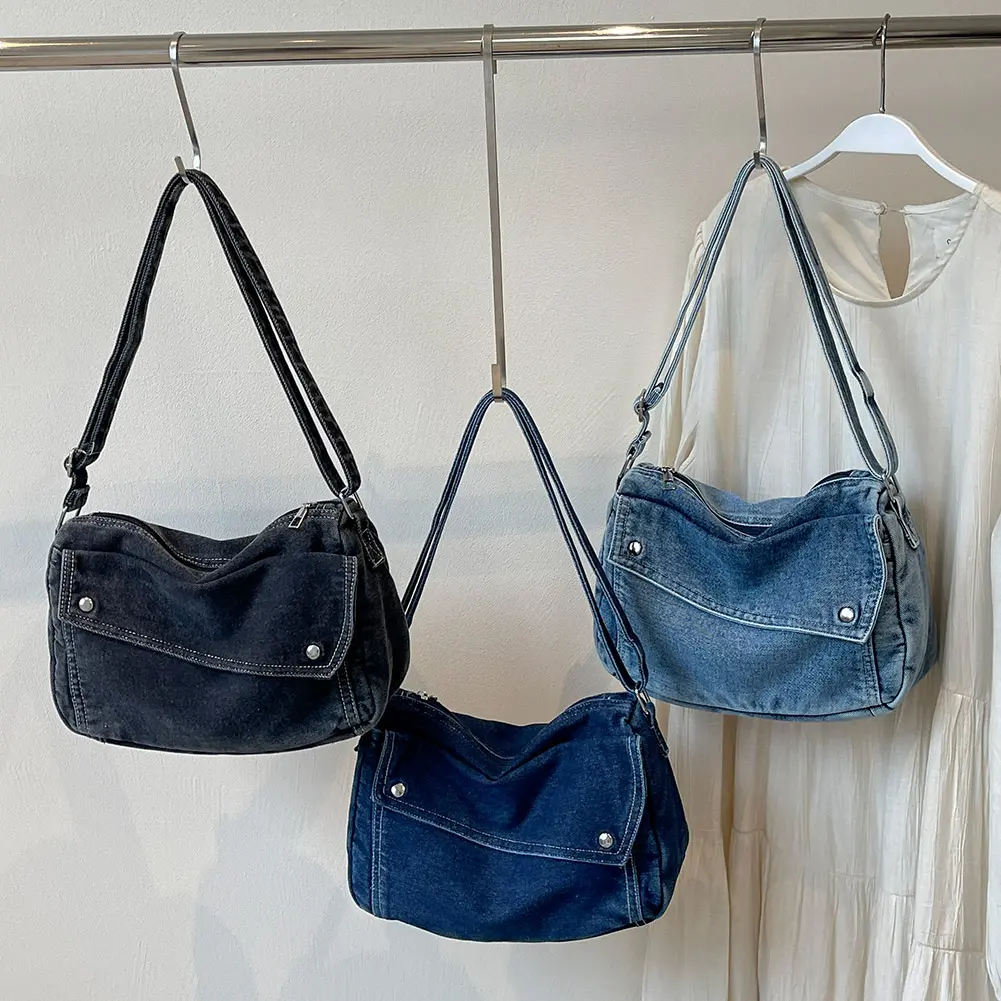 Denim Aesthetic Crossbody Bag Handbag Casual Retro Women Hobo Bag Lightweight Jean Purses with Adjustable Strap Travel Shopper