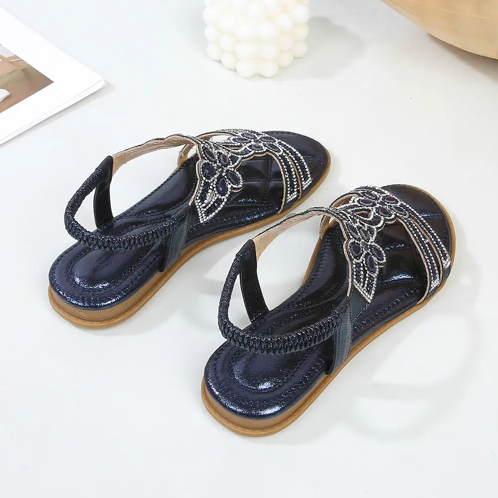 Women Flat Sandals Casual Walking Sandals Comfortable Open Toe Sandals Non Slip Sparkle Crystal Ladies Sandals for Summer Beach