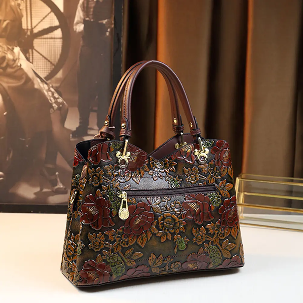 Women Flower Leather Middle-aged Mother Bag Zipper Closure Carved Retro Handbag Large Capacity Top-handle Handbags Satchel Bag
