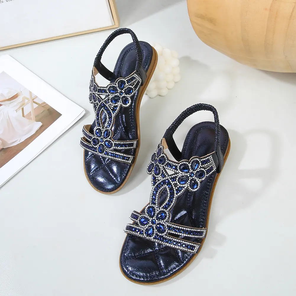 Women Flat Sandals Casual Walking Sandals Comfortable Open Toe Sandals Non Slip Sparkle Crystal Ladies Sandals for Summer Beach