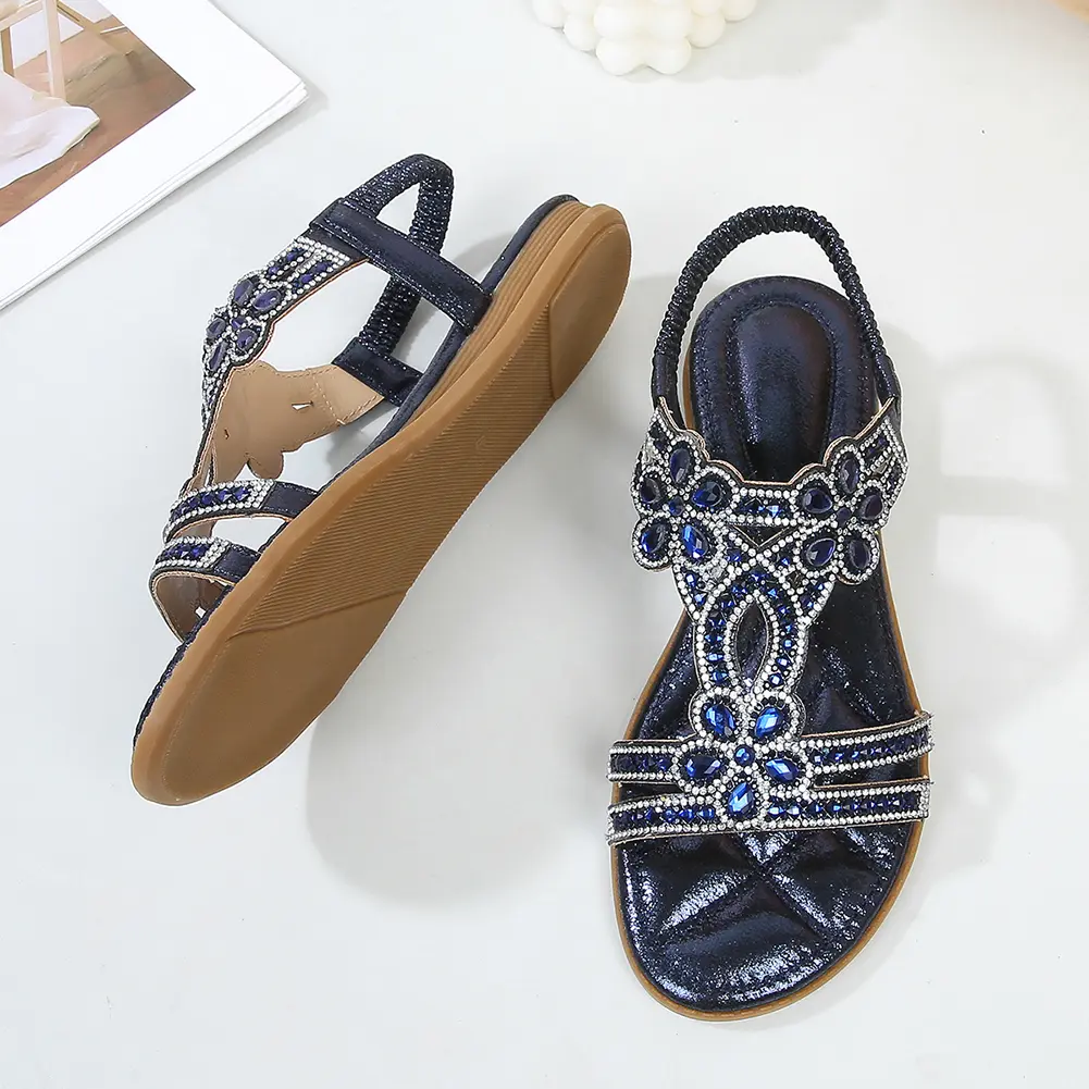 Women Flat Sandals Casual Walking Sandals Comfortable Open Toe Sandals Non Slip Sparkle Crystal Ladies Sandals for Summer Beach