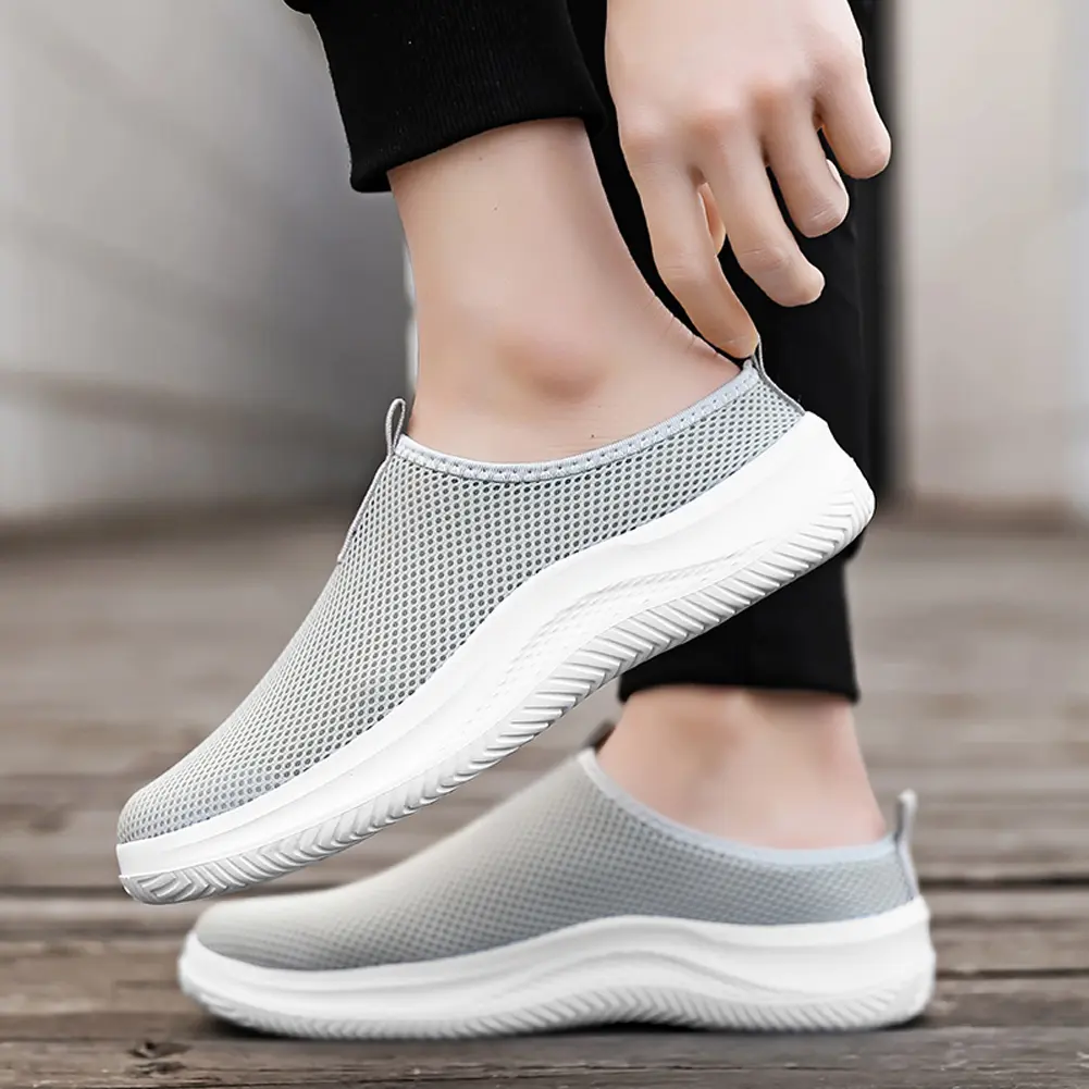 Men Large Size Running Sneaker Wear-Resistant Mesh Half Slippers Breathable Soft Sole Flat Shoes for Sailing Jogging Gardening