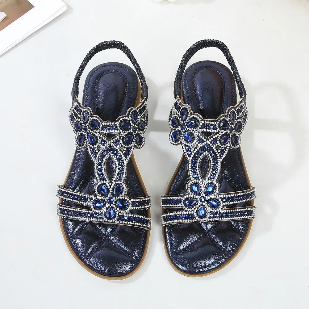 Women Flat Sandals Casual Walking Sandals Comfortable Open Toe Sandals Non Slip Sparkle Crystal Ladies Sandals for Summer Beach
