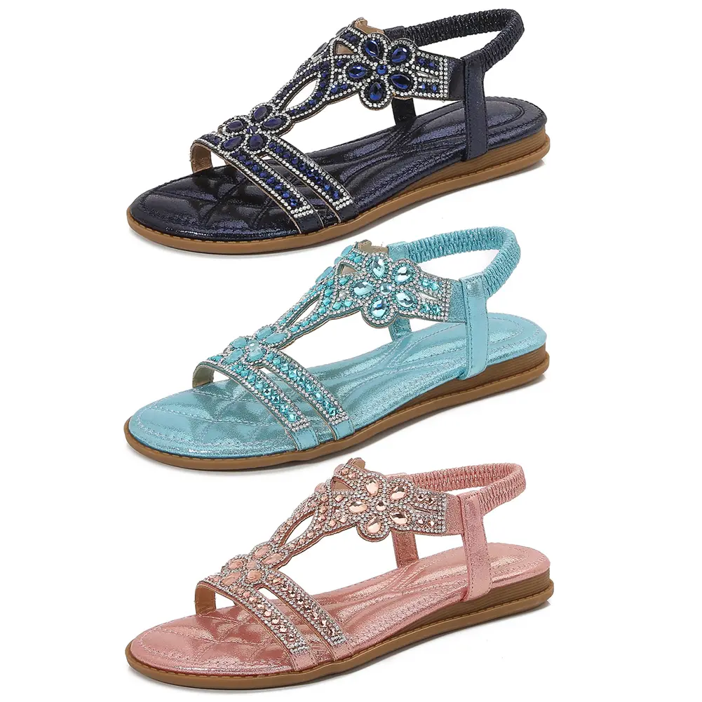 Women Flat Sandals Casual Walking Sandals Comfortable Open Toe Sandals Non Slip Sparkle Crystal Ladies Sandals for Summer Beach