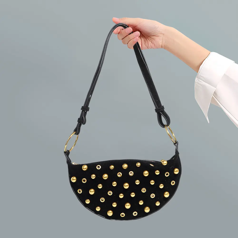 Women Rivet Crescent Bag Large Capacity Trendy Crossbody Bag Wear Resist Vintage Sling Bag Travel Shopping Work Bag