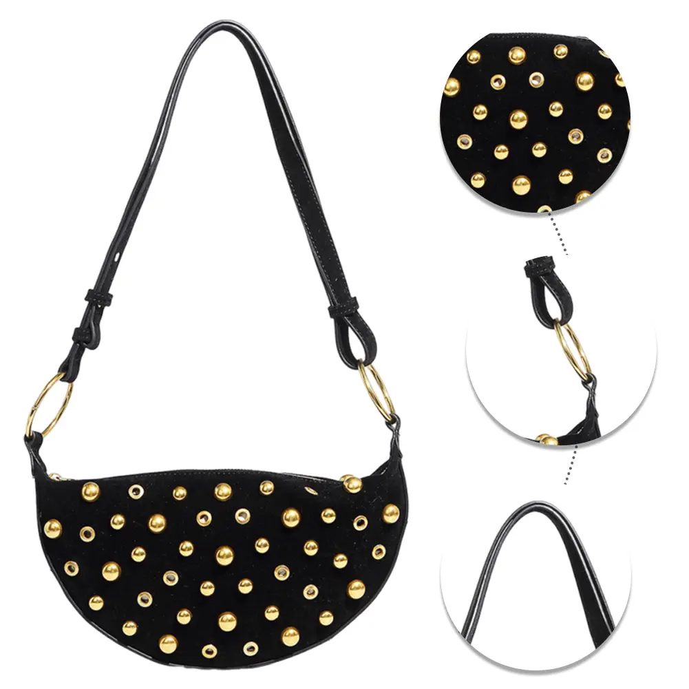 Women Rivet Crescent Bag Large Capacity Trendy Crossbody Bag Wear Resist Vintage Sling Bag Travel Shopping Work Bag