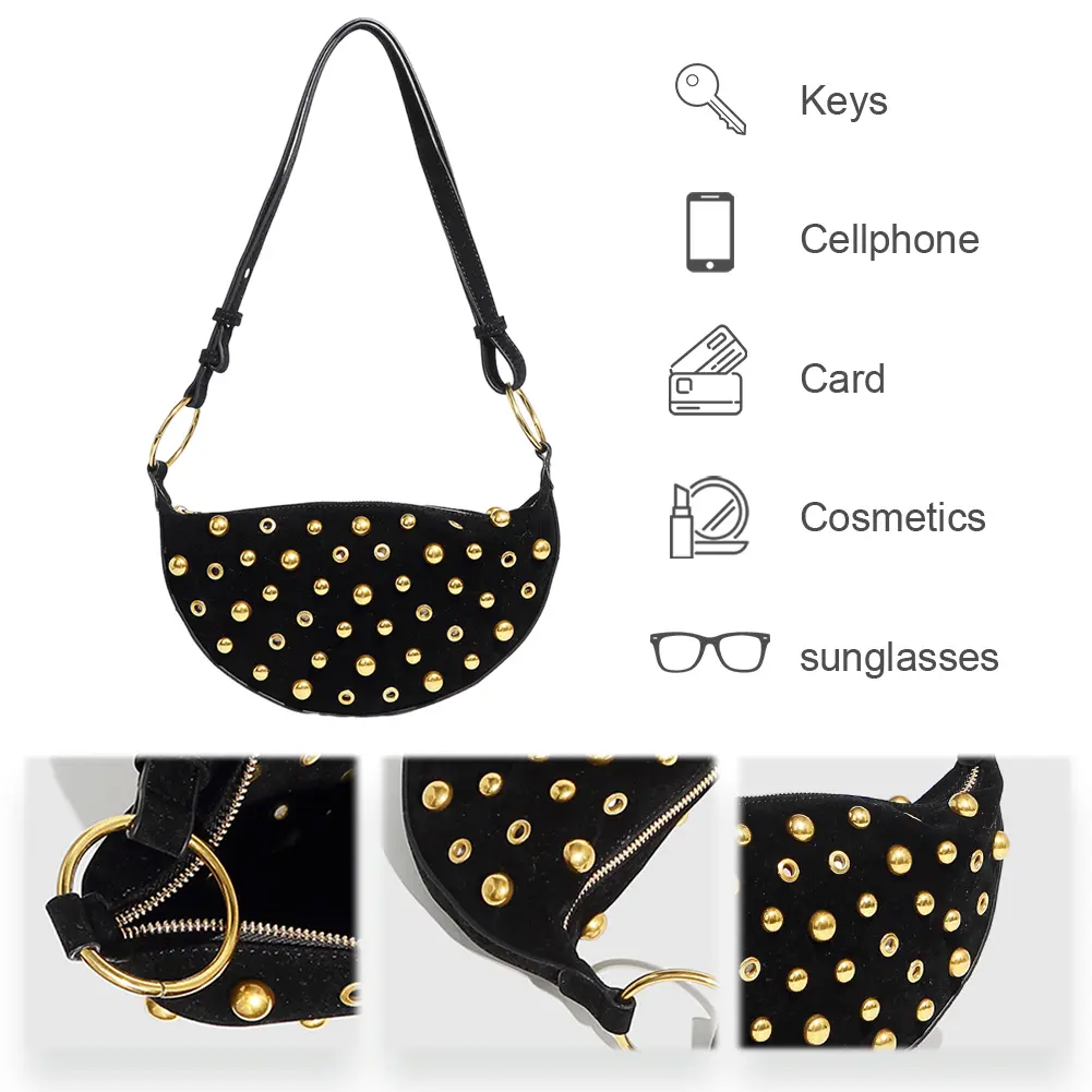 Women Rivet Crescent Bag Large Capacity Trendy Crossbody Bag Wear Resist Vintage Sling Bag Travel Shopping Work Bag