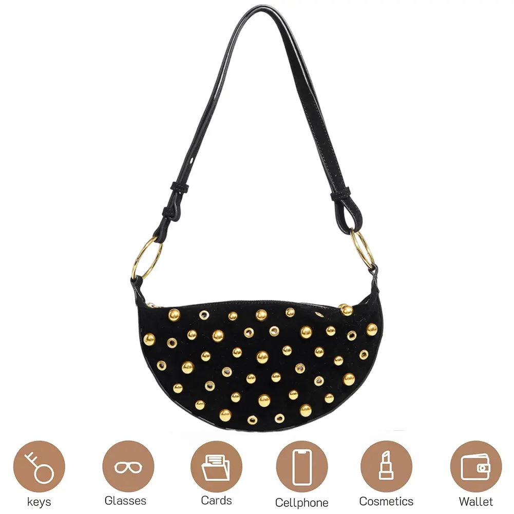 Women Rivet Crescent Bag Large Capacity Trendy Crossbody Bag Wear Resist Vintage Sling Bag Travel Shopping Work Bag