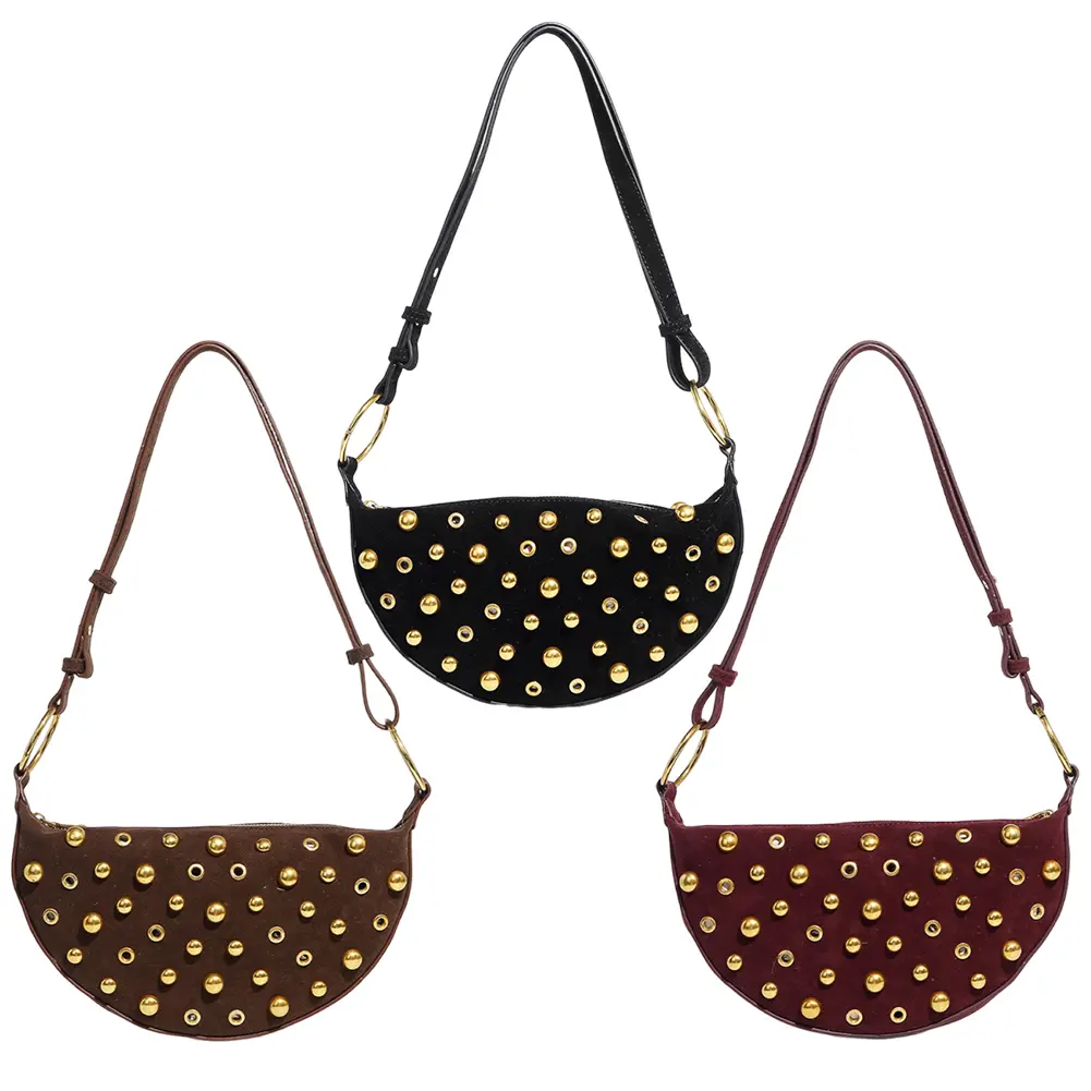 Women Rivet Crescent Bag Large Capacity Trendy Crossbody Bag Wear Resist Vintage Sling Bag Travel Shopping Work Bag