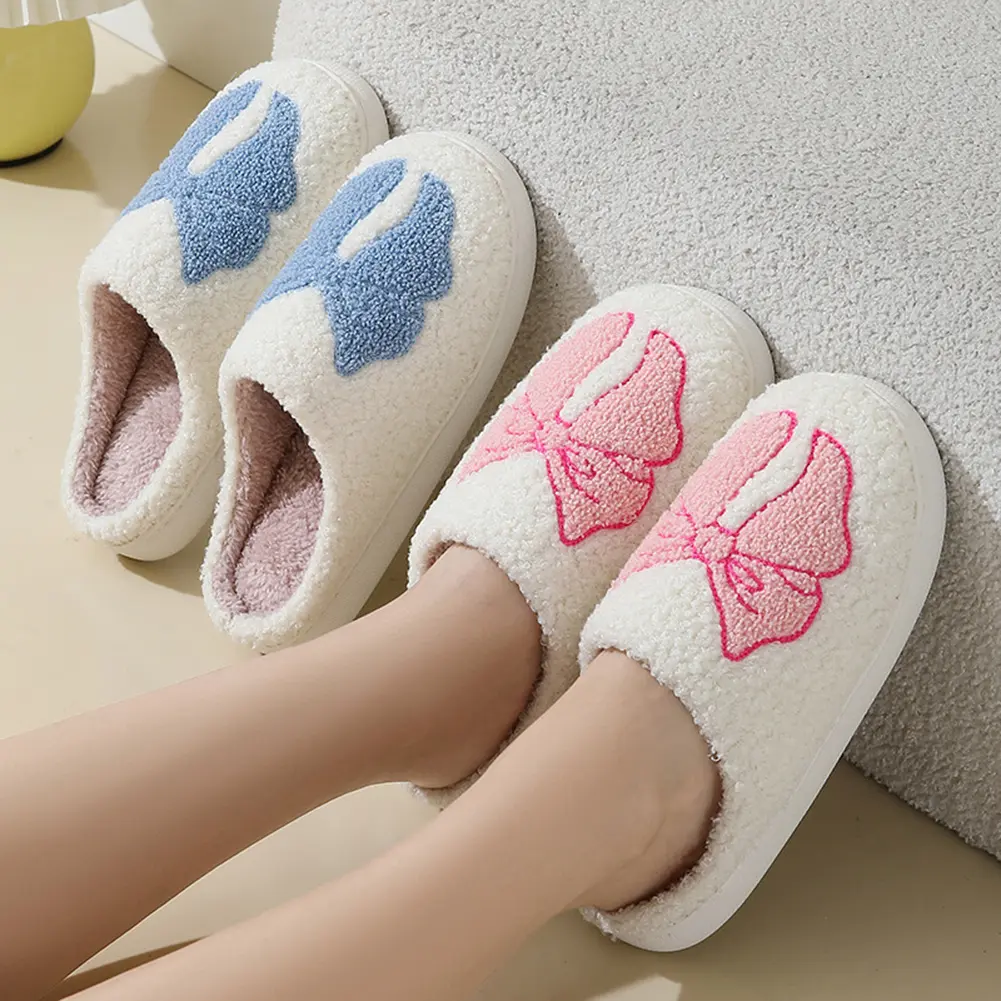 Cute Bow Slippers Winter Soft Cozy Home Non-Slip Soft Plush Fluffy Warm Fleece Slippers Comfy Slippers for Women Girls