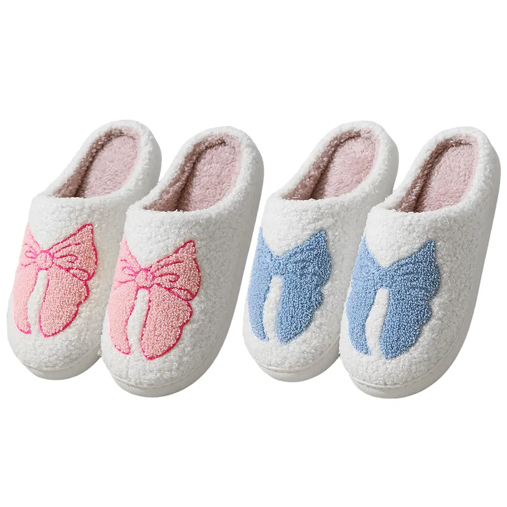 Cute Bow Slippers Winter Soft Cozy Home Non-Slip Soft Plush Fluffy Warm Fleece Slippers Comfy Slippers for Women Girls