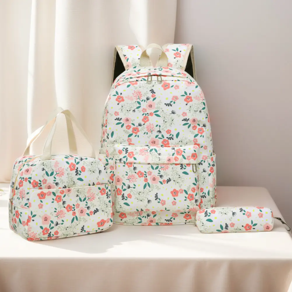 3Pcs Floral Backpack Set Primary Students Backpack with Lunch Bag & Pen Case School Bookbag Set Large Capacity Travel Daypack