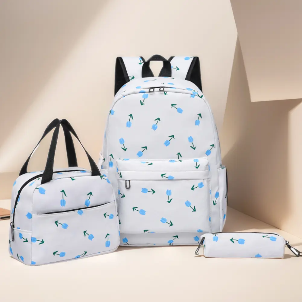 3Pcs Floral Backpack Set Primary Students Backpack with Lunch Bag & Pen Case School Bookbag Set Large Capacity Travel Daypack