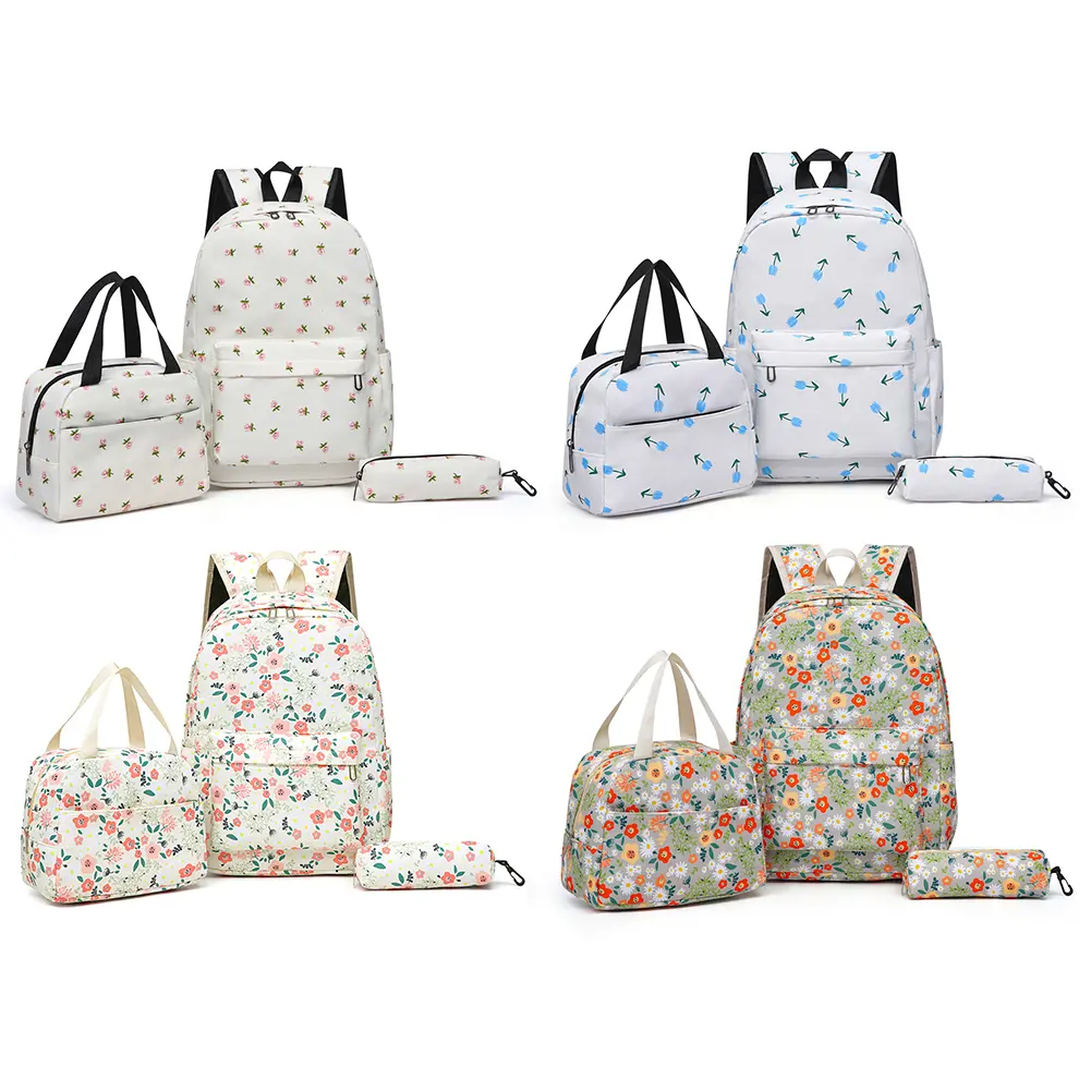 3Pcs Floral Backpack Set Primary Students Backpack with Lunch Bag & Pen Case School Bookbag Set Large Capacity Travel Daypack