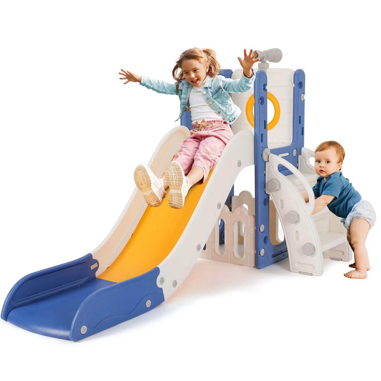 Sturdy Toddler Slide with Basketball Hoop Plastic Kids Slide Climber with Anti-Slip Steps Indoor Outdoor Children Toy Playground