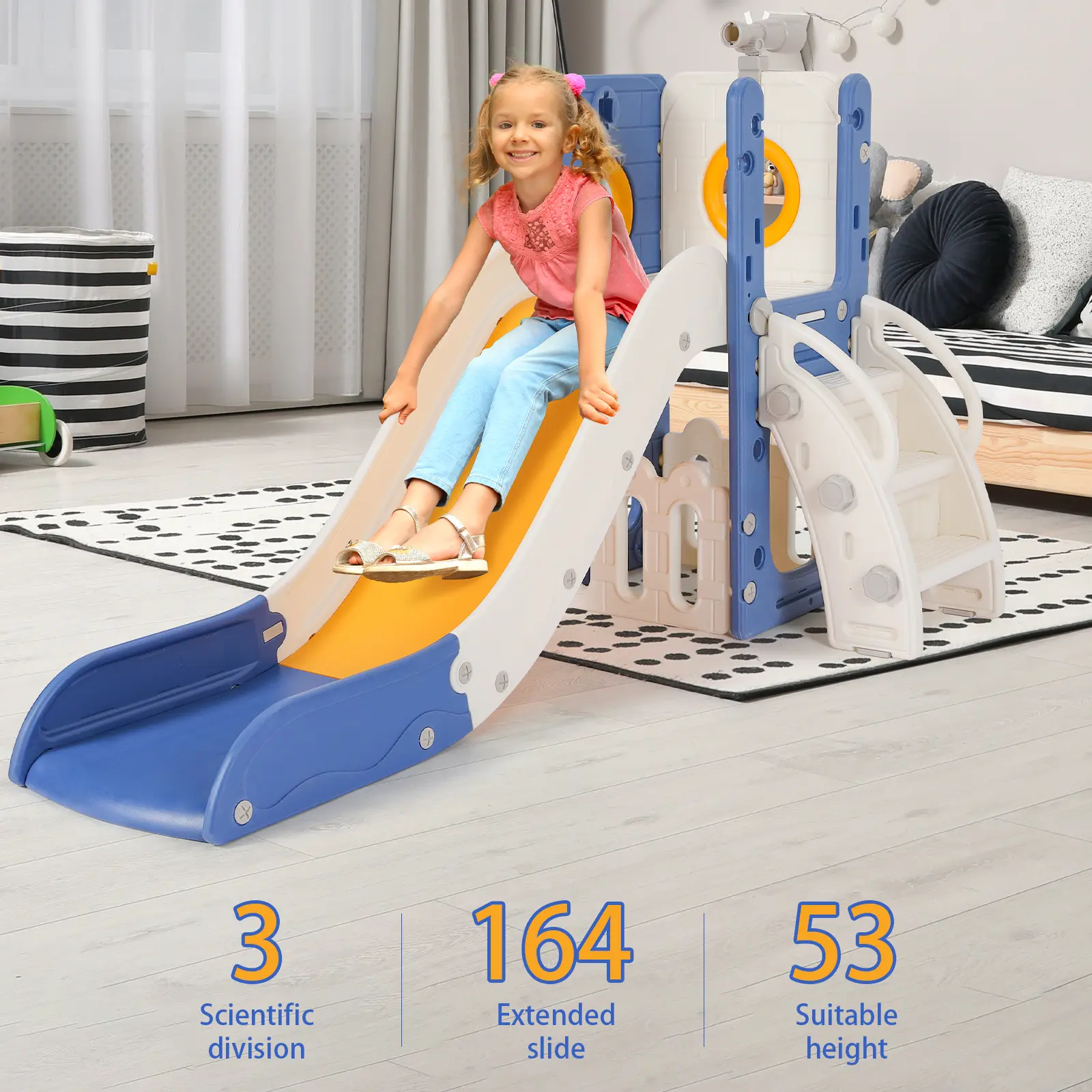 Sturdy Toddler Slide with Basketball Hoop Plastic Kids Slide Climber with Anti-Slip Steps Indoor Outdoor Children Toy Playground