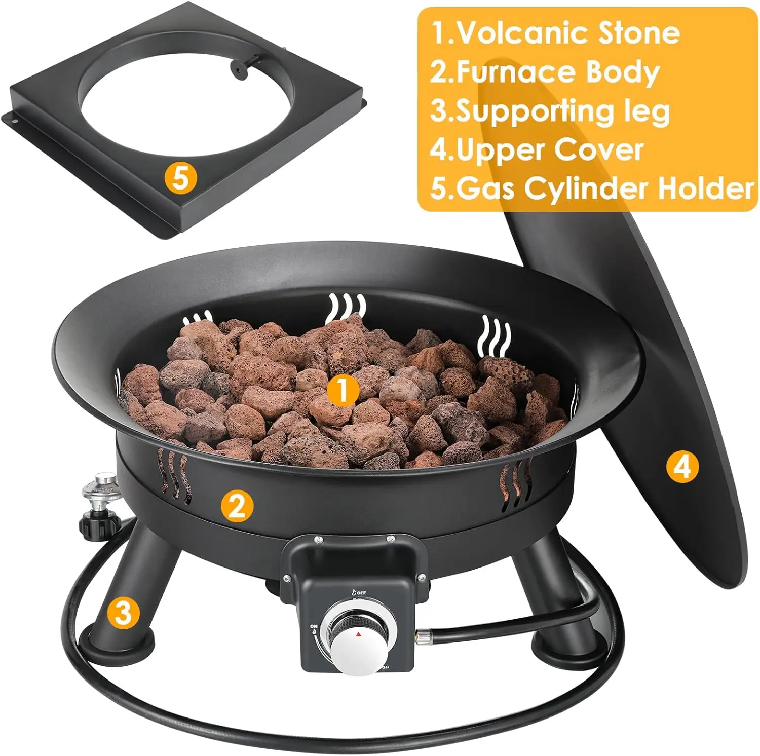 24'' Propane Fire Pit，58,000 BTU Portable Smokeless Firebowl with Self Igniter,Cover, Lava Rocks,Gas Cylinder Holder for Camping
