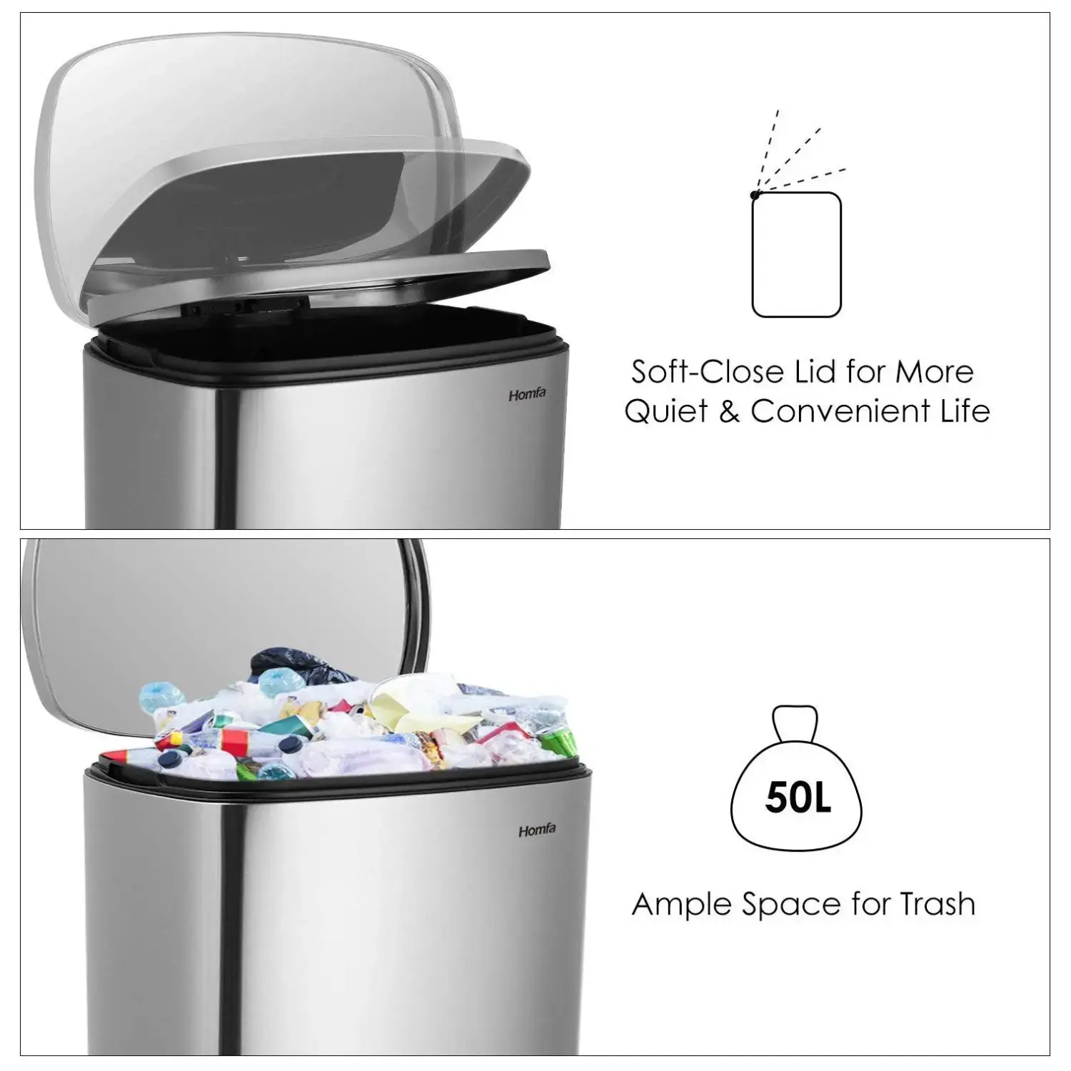 Step Kitchen Trash Can, Stainless Steel 50 Liter Trashcan for Home Office Bedroom Garage Living Room Bathroom