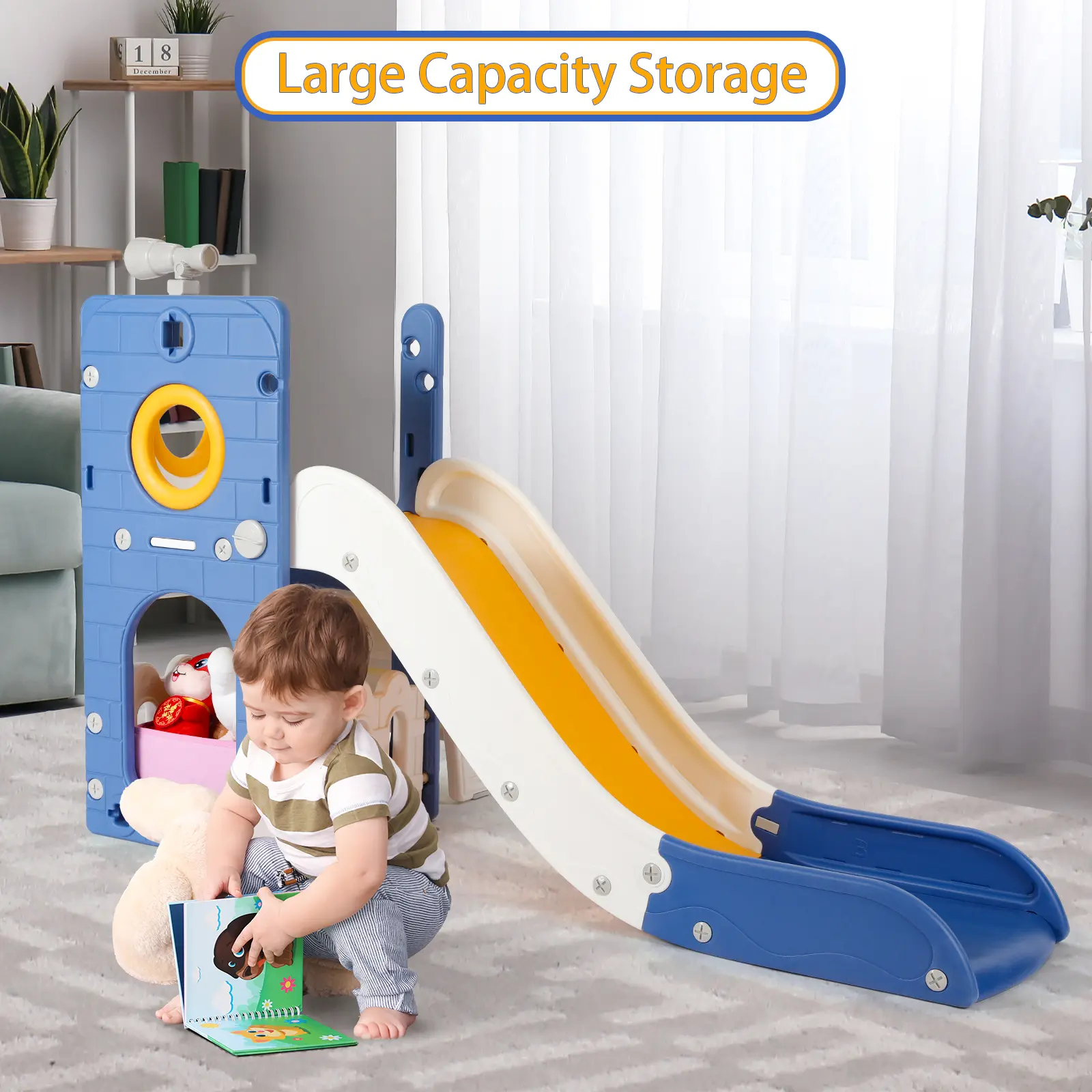 Sturdy Toddler Slide with Basketball Hoop Plastic Kids Slide Climber with Anti-Slip Steps Indoor Outdoor Children Toy Playground