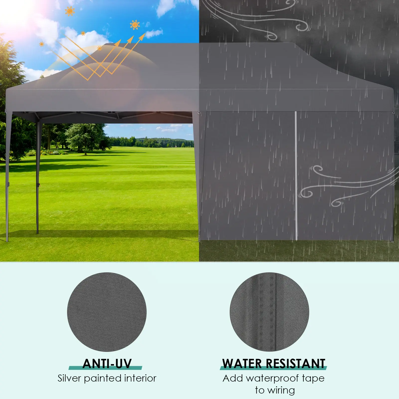 Pavilion Popup Gazebo 3x6m Waterproof Folding Gazebo Tent Party Tent with 4 Side Panels 6 Sandbag UV 50+ Height Adjustable 2-3M