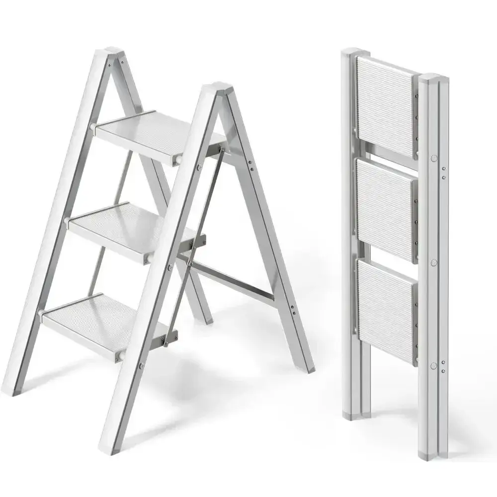 3/4 Step Ladder, Stepping Ladder with Wide Rungs,Folding Aluminum Ladder with Non-Slip Feet, Portable Lightweight Ladder 150kg