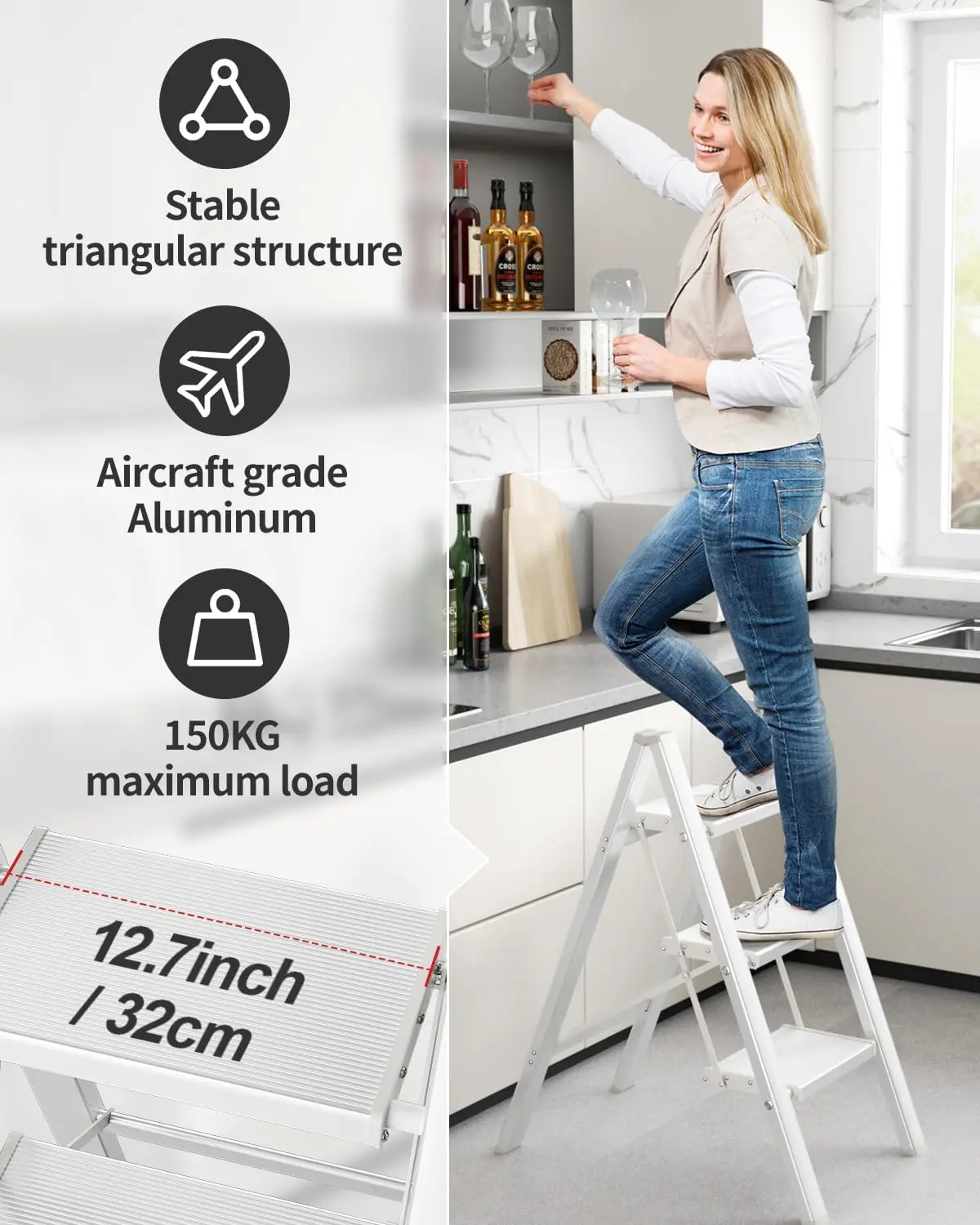 3/4 Step Ladder, Stepping Ladder with Wide Rungs,Folding Aluminum Ladder with Non-Slip Feet, Portable Lightweight Ladder 150kg