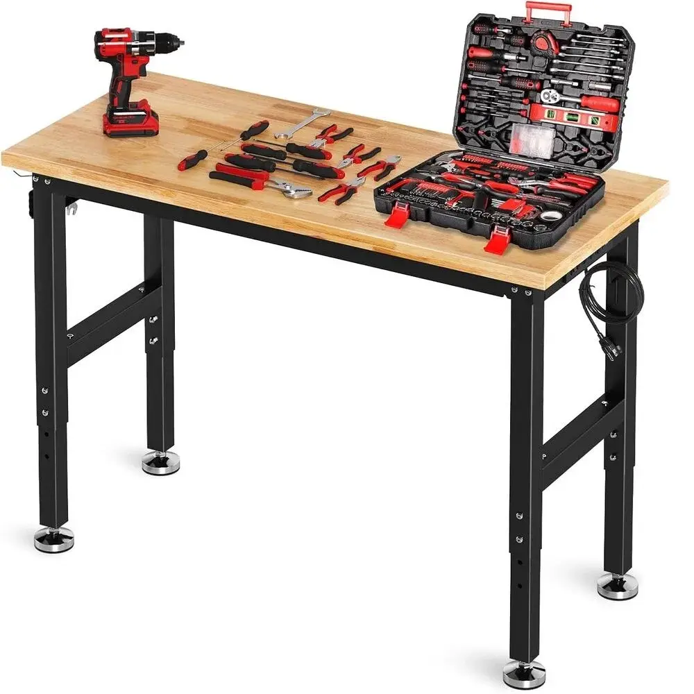 Homfa Rubber Wood Top Work Table Includes 4 AC Outlets, 2 USB Ports, Adjustable Work Bench with Power Outlet & Pegboard
