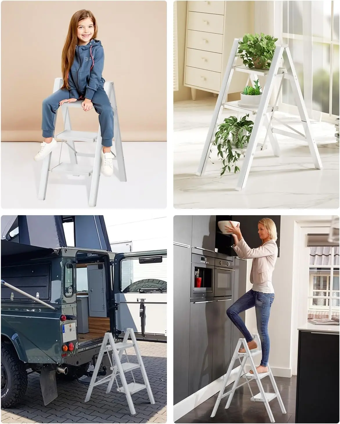 3/4 Step Ladder, Stepping Ladder with Wide Rungs,Folding Aluminum Ladder with Non-Slip Feet, Portable Lightweight Ladder 150kg