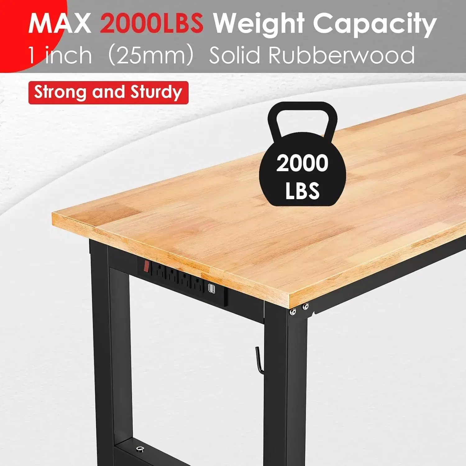 Homfa Rubber Wood Top Work Table Includes 4 AC Outlets, 2 USB Ports, Adjustable Work Bench with Power Outlet & Pegboard