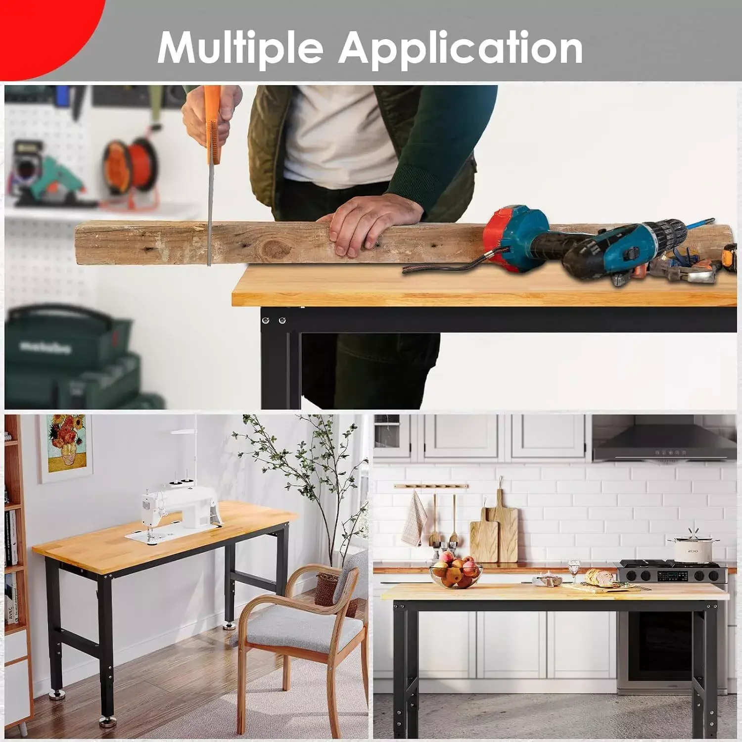 Homfa Rubber Wood Top Work Table Includes 4 AC Outlets, 2 USB Ports, Adjustable Work Bench with Power Outlet & Pegboard