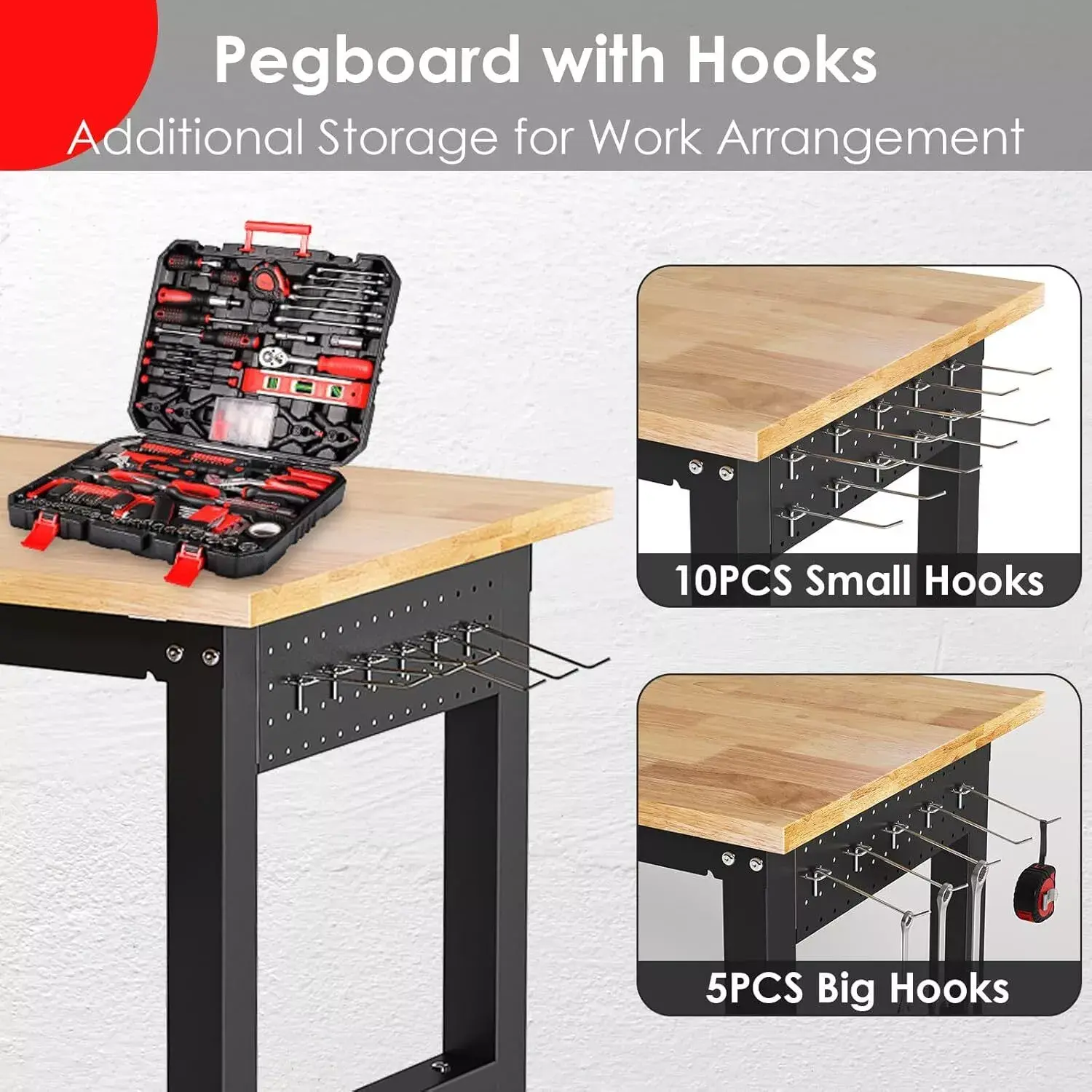 Homfa Rubber Wood Top Work Table Includes 4 AC Outlets, 2 USB Ports, Adjustable Work Bench with Power Outlet & Pegboard