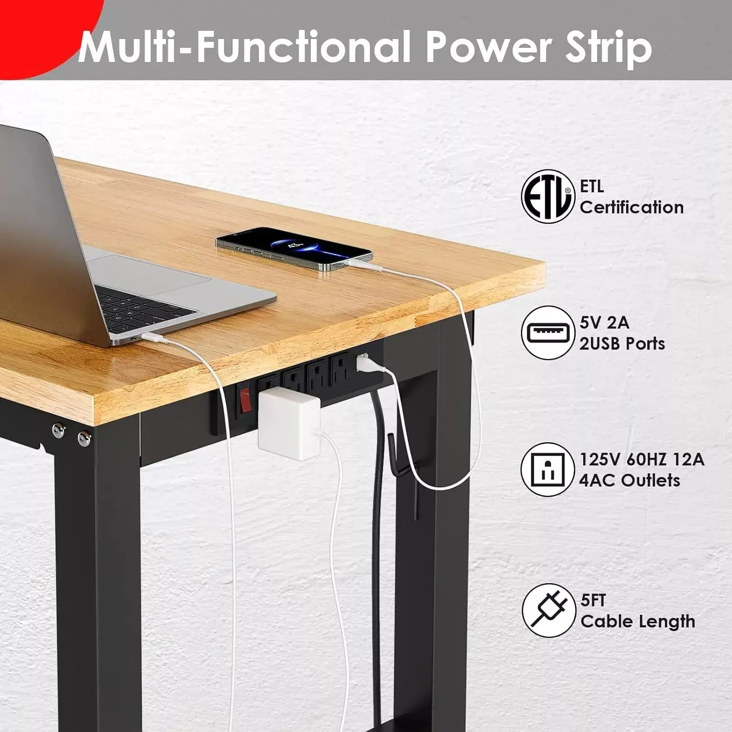 Homfa Rubber Wood Top Work Table Includes 4 AC Outlets, 2 USB Ports, Adjustable Work Bench with Power Outlet & Pegboard