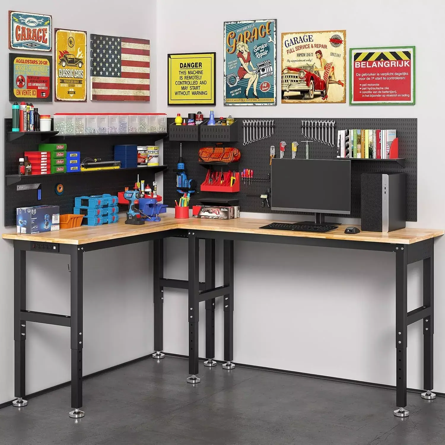 Homfa Rubber Wood Top Work Table Includes 4 AC Outlets, 2 USB Ports, Adjustable Work Bench with Power Outlet & Pegboard