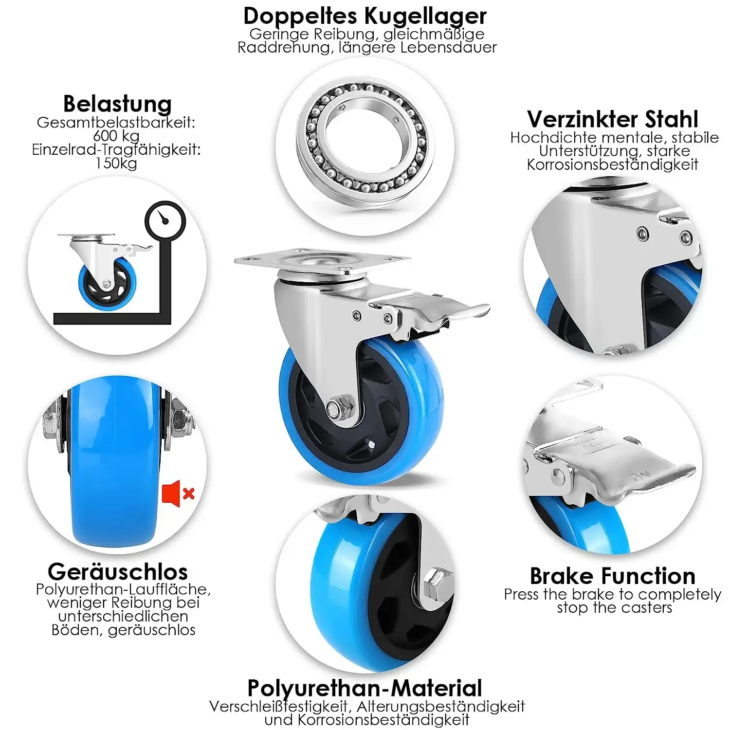 Set of Transport Rollers 100mm for Industrial Transport & Logistics 4/8x Swivel Casters with Brake, 150kg per Wheel