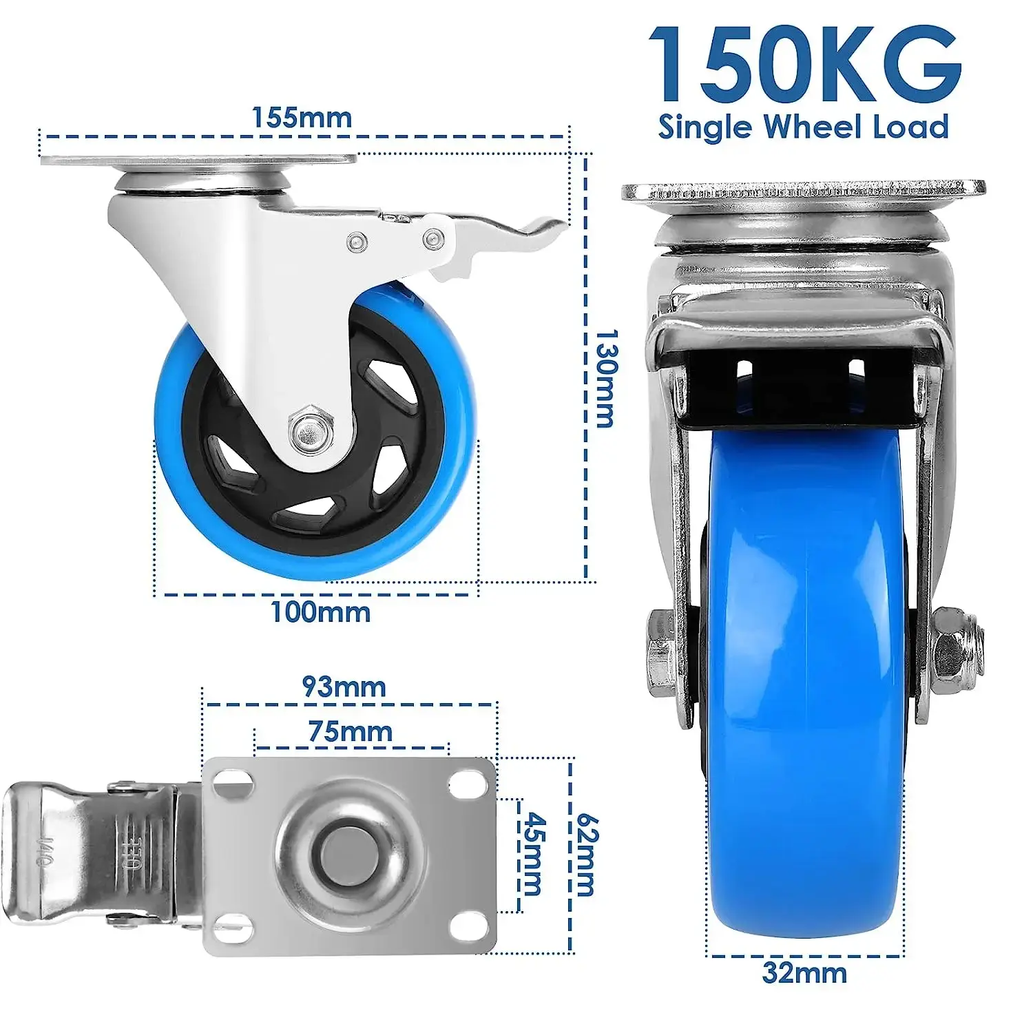 Set of Transport Rollers 100mm for Industrial Transport & Logistics 4/8x Swivel Casters with Brake, 150kg per Wheel