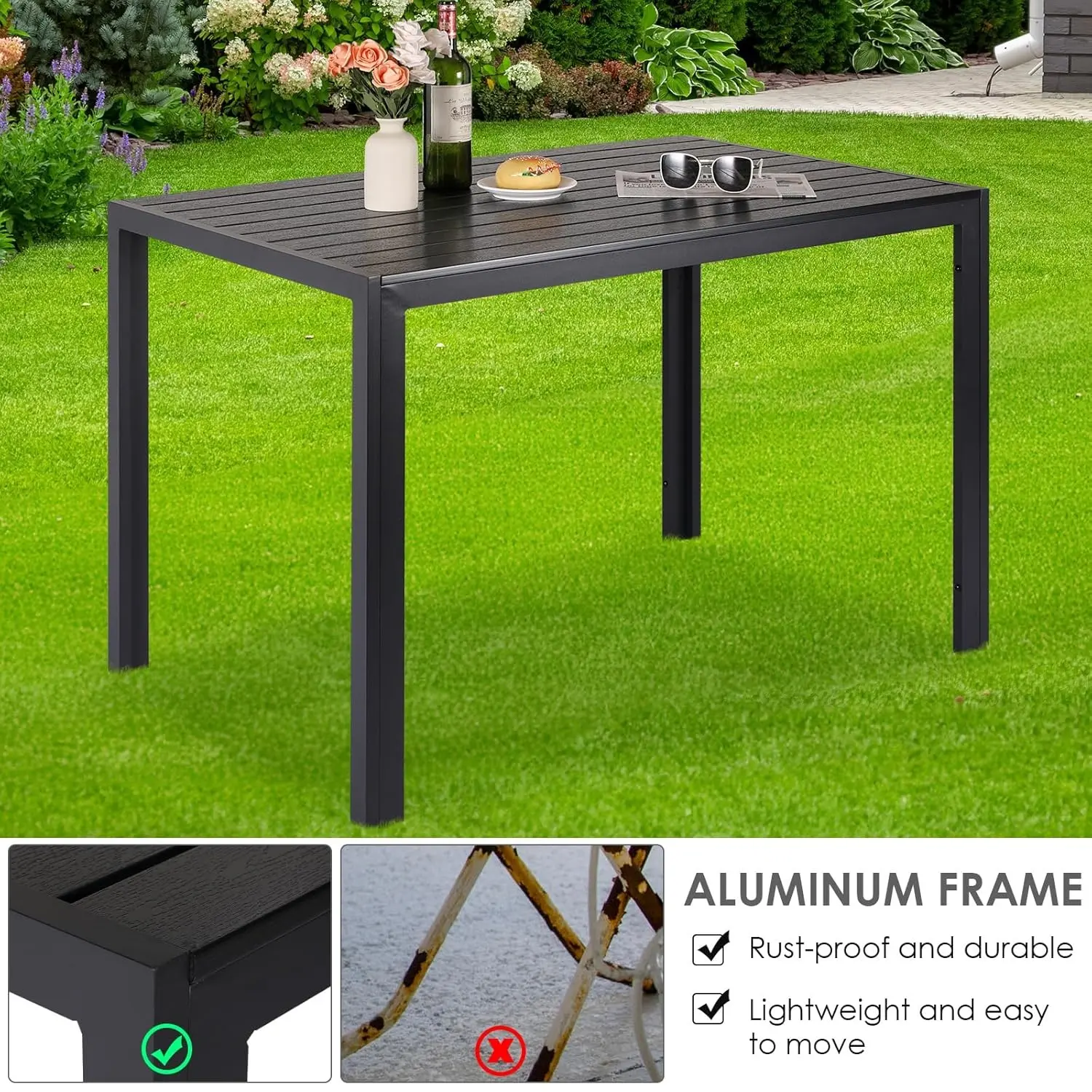 Garden Table Aluminum +Wood-plastic WPC,110 x 70 cm Dining Table, Bistro Balcony Patio Table,Heat and Weather Resistant,Non-slip