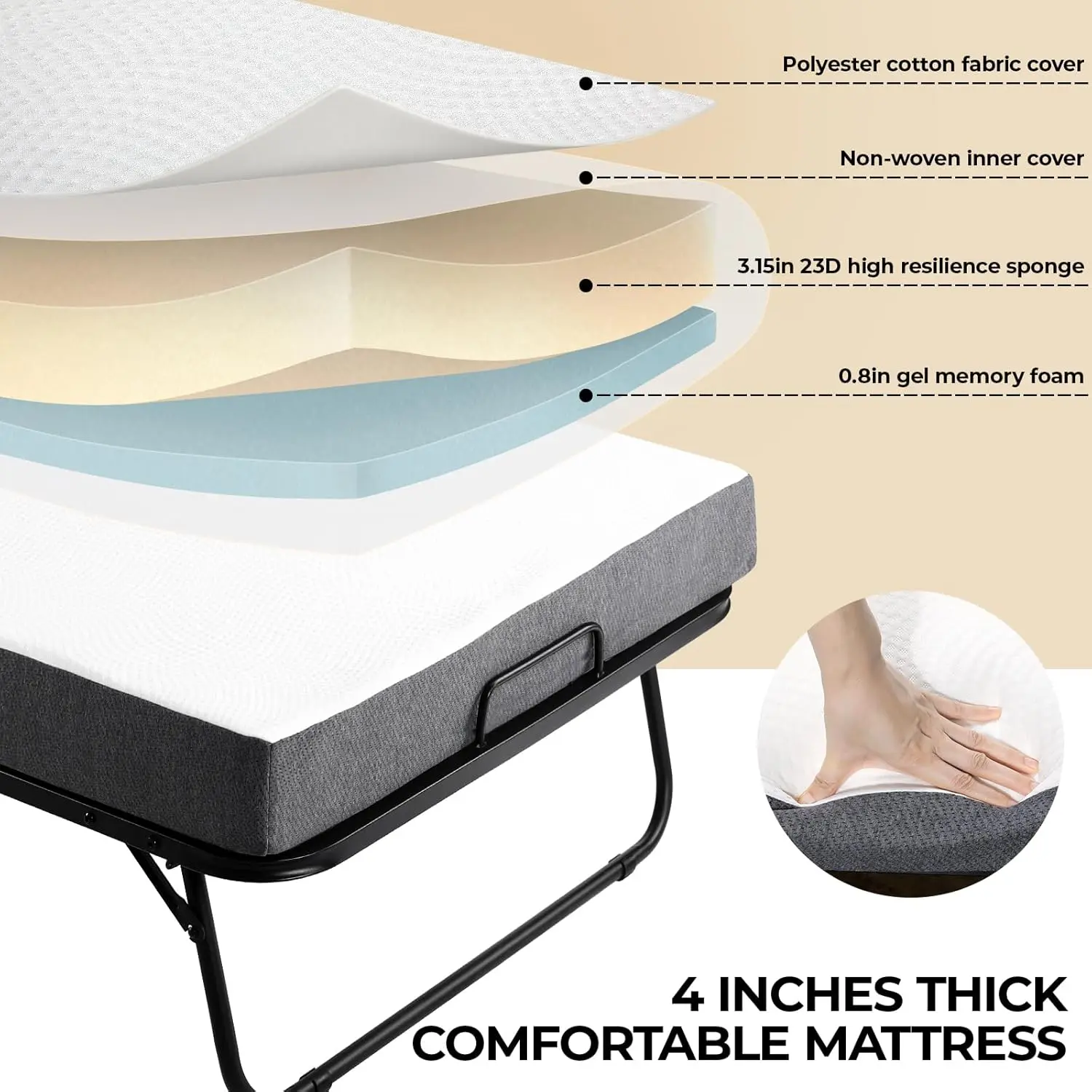 Folding Bed with Mattress, Lang Folded Bed, Rollaway Bed Guest Bed Portable Foldable Extra for Adults, Fold up 4" Memory Foam
