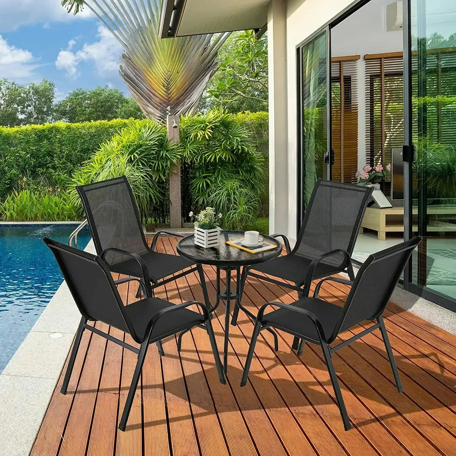 4 Metal Outdoor Chair Set Stackable Patio Textilene Dining Chair Stack Metal Frame Set of 4, Load Weight 150kg, Black,Brown,Gray