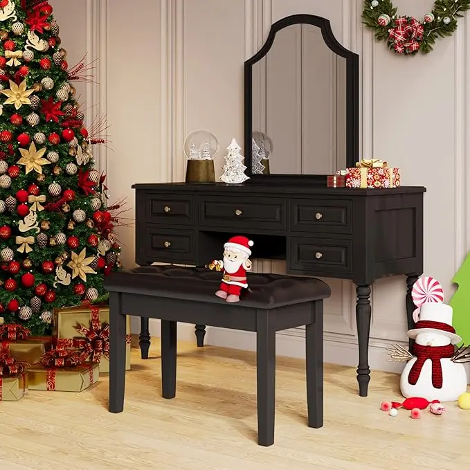 Duet Piano Bench Wooden with Storage, Padded Faux Leather Cushion Seat Piano Stool, Storage Compartment for Music Books