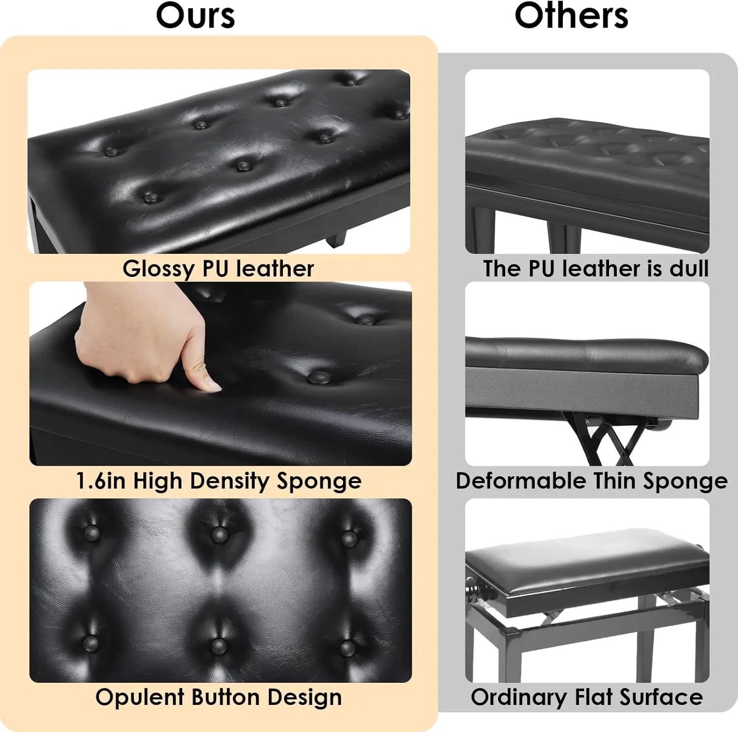 Duet Piano Bench Wooden with Storage, Padded Faux Leather Cushion Seat Piano Stool, Storage Compartment for Music Books